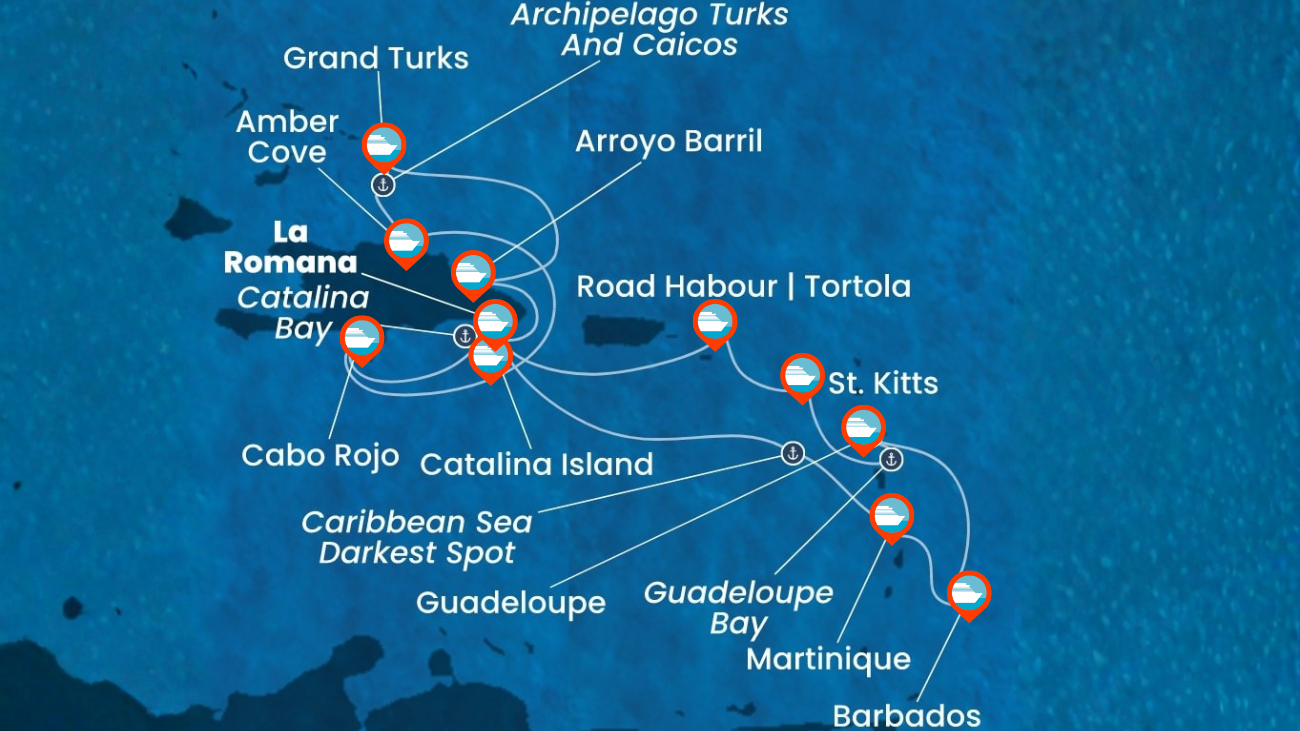 Itinerario de Crucero por Rep. Dominicana, Turks e Islas Caicos, Antillas, Islas Vírgenes - 14 Noches