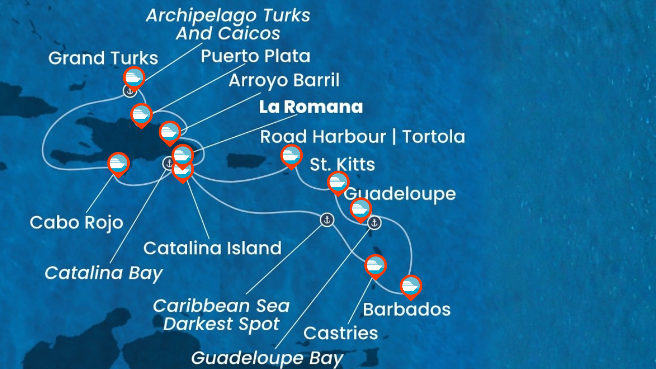 Itinerario de Crucero por Rep. Dominicana, Turks e Islas Caicos, Antillas, Islas Vírgenes - 14 noches