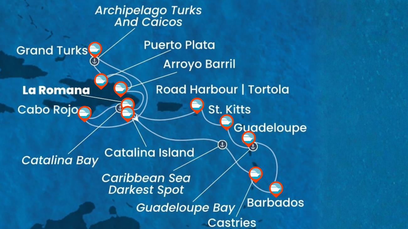 Itinerario de Crucero por Rep. Dominicana, Antillas, Islas Vírgenes, Turks e Islas Caicos - 14 noches