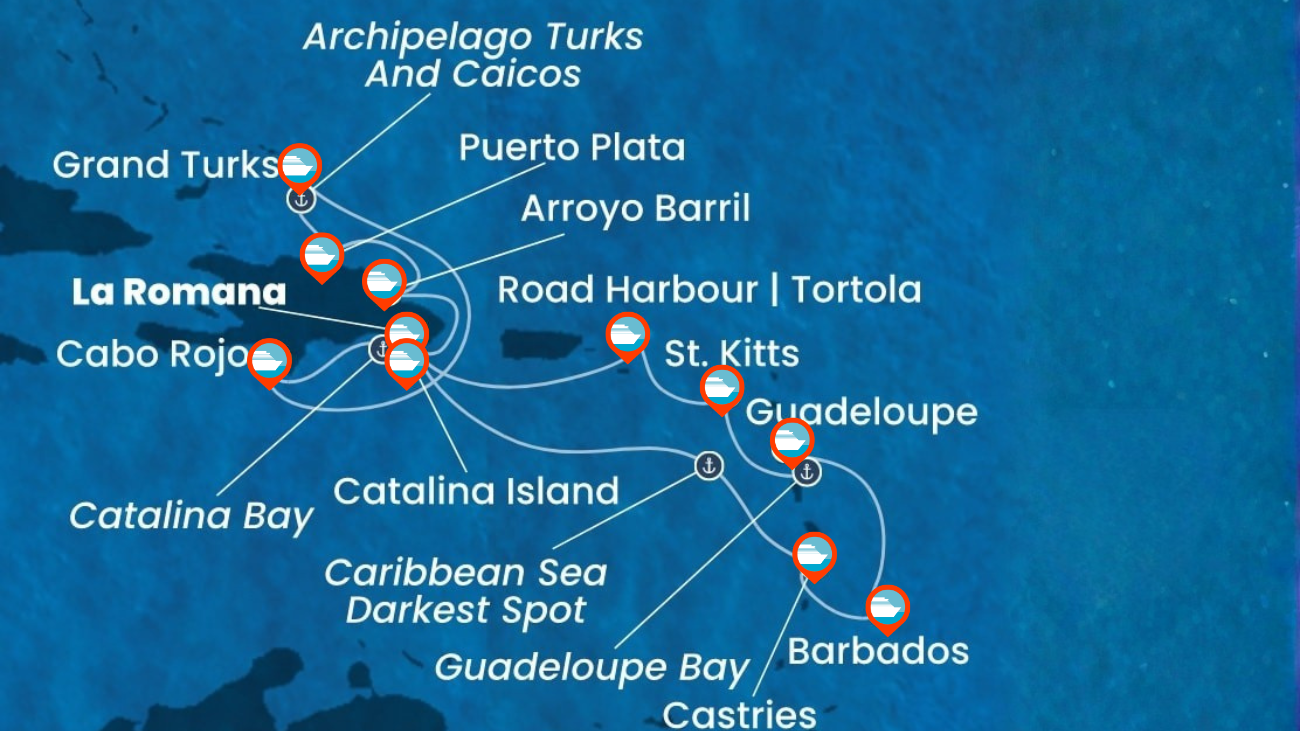 Itinerario de Crucero por Rep. Dominicana, Turks e Islas Caicos, Antillas, Islas Vírgenes - 14 noches