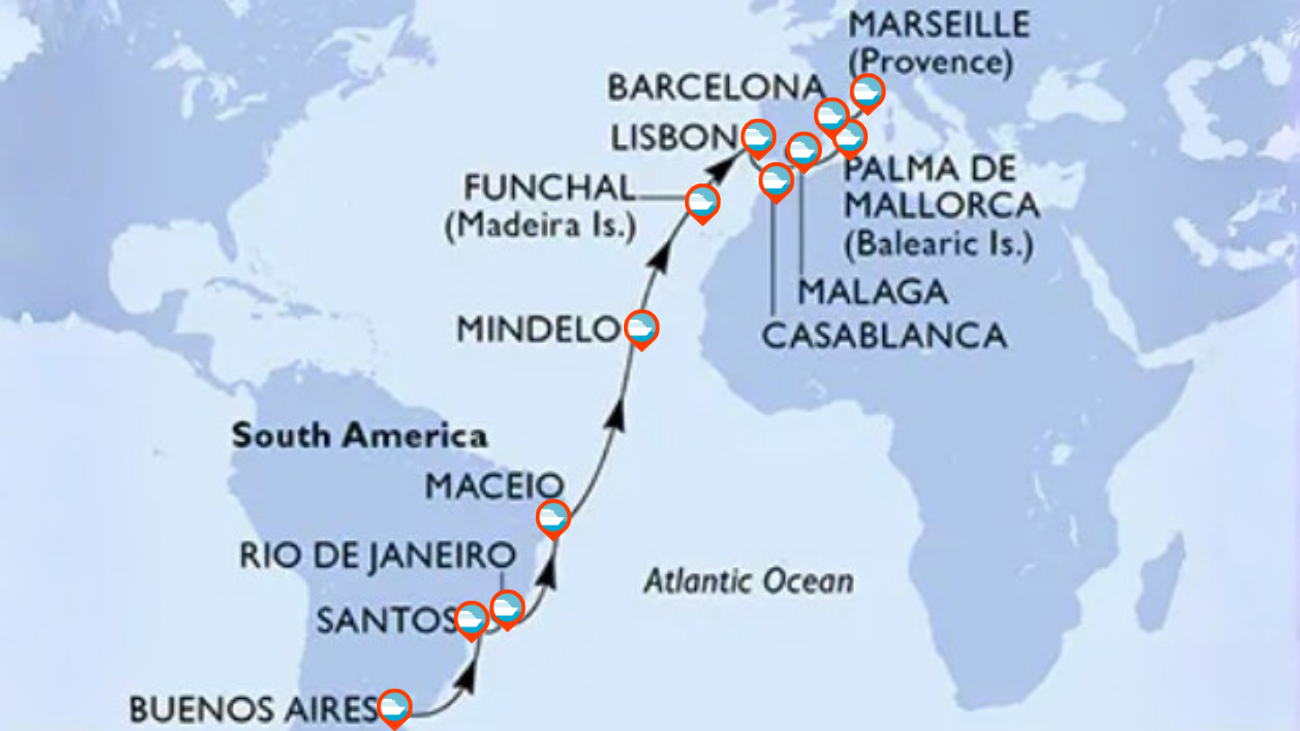 Itinerario de Transatlántico desde Argentina a Europa (Marsella) - 25 Noches